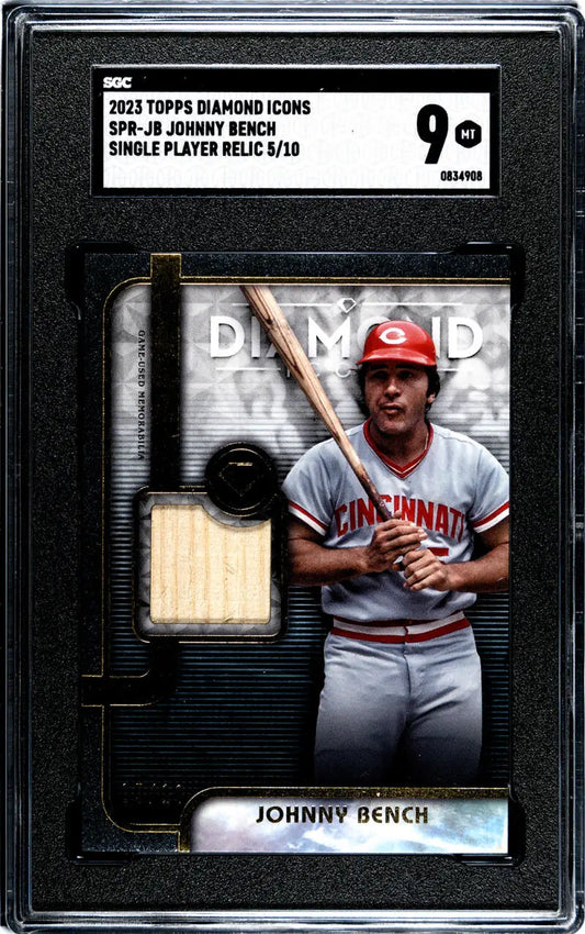 Graded 2023 Topps Diamond Icons Johnny Bench card with game-used bat piece, Cincinnati Reds