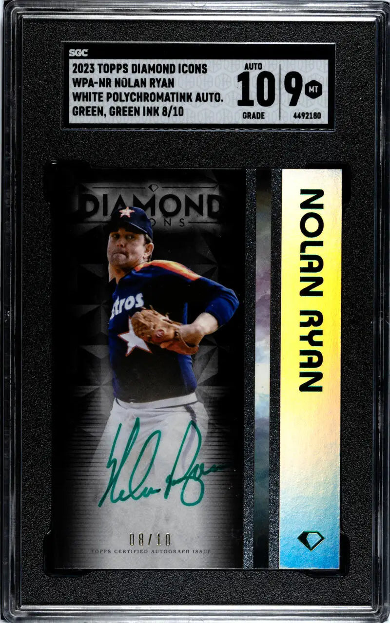 Graded Topps Diamond Icons card featuring Nolan Ryan’s green ink autograph on black design