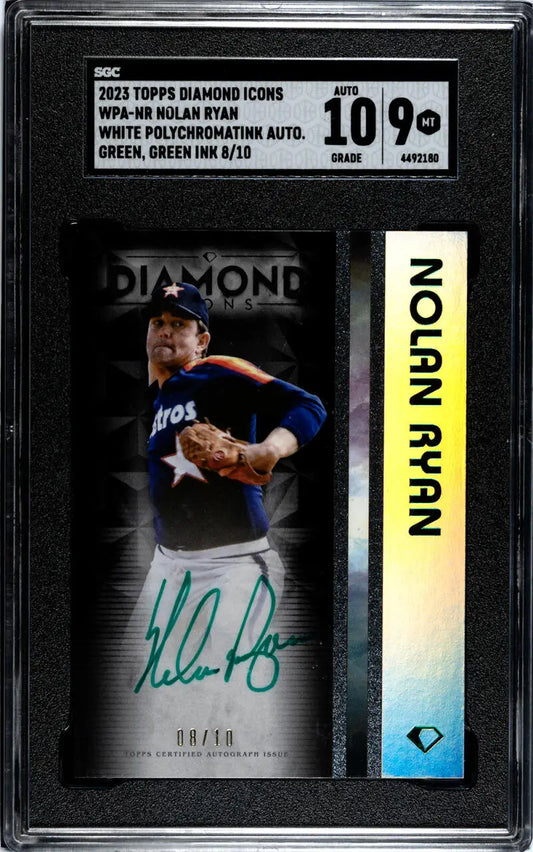 Graded Topps Diamond Icons card featuring Nolan Ryan’s green ink autograph on black design