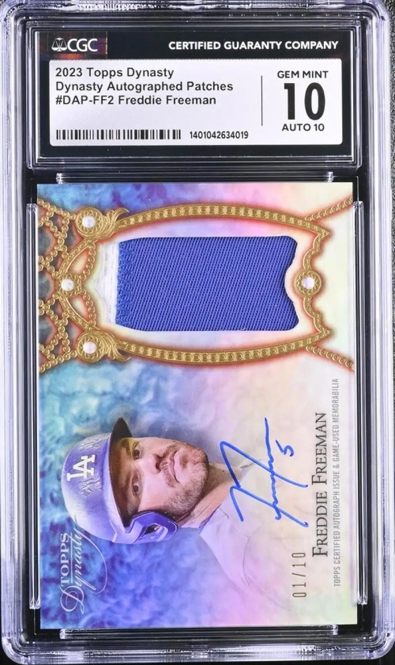 Graded Freddie Freeman Los Angeles Dodgers card with blue patch and autograph in case