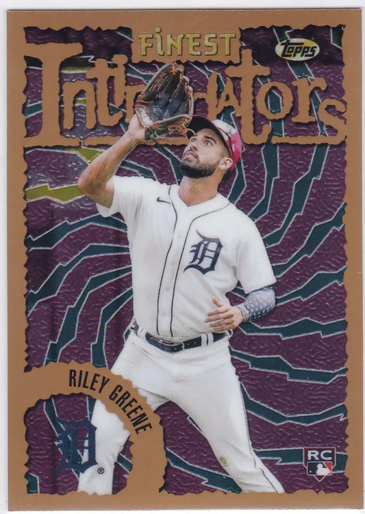 Baseball card of Riley Greene in mid-throw from Topps Finest Flashbacks RC Indimidators