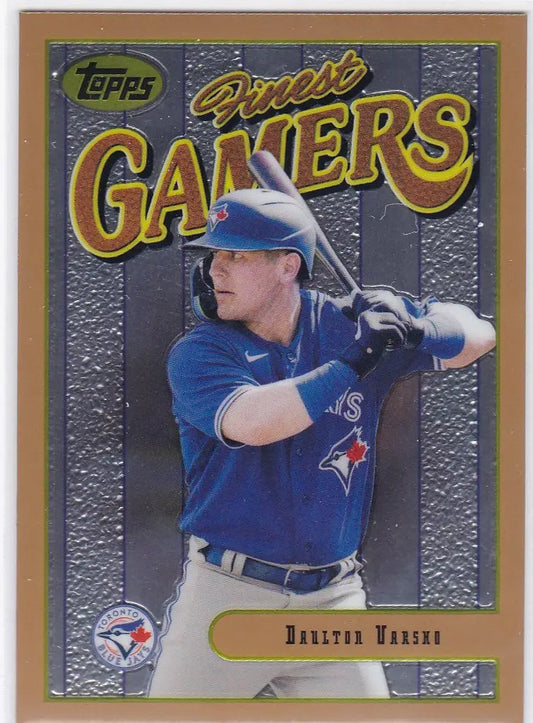 Baseball card of Daulton Varsho in batting stance from Topps Finest Flashbacks Toronto Blue Jays