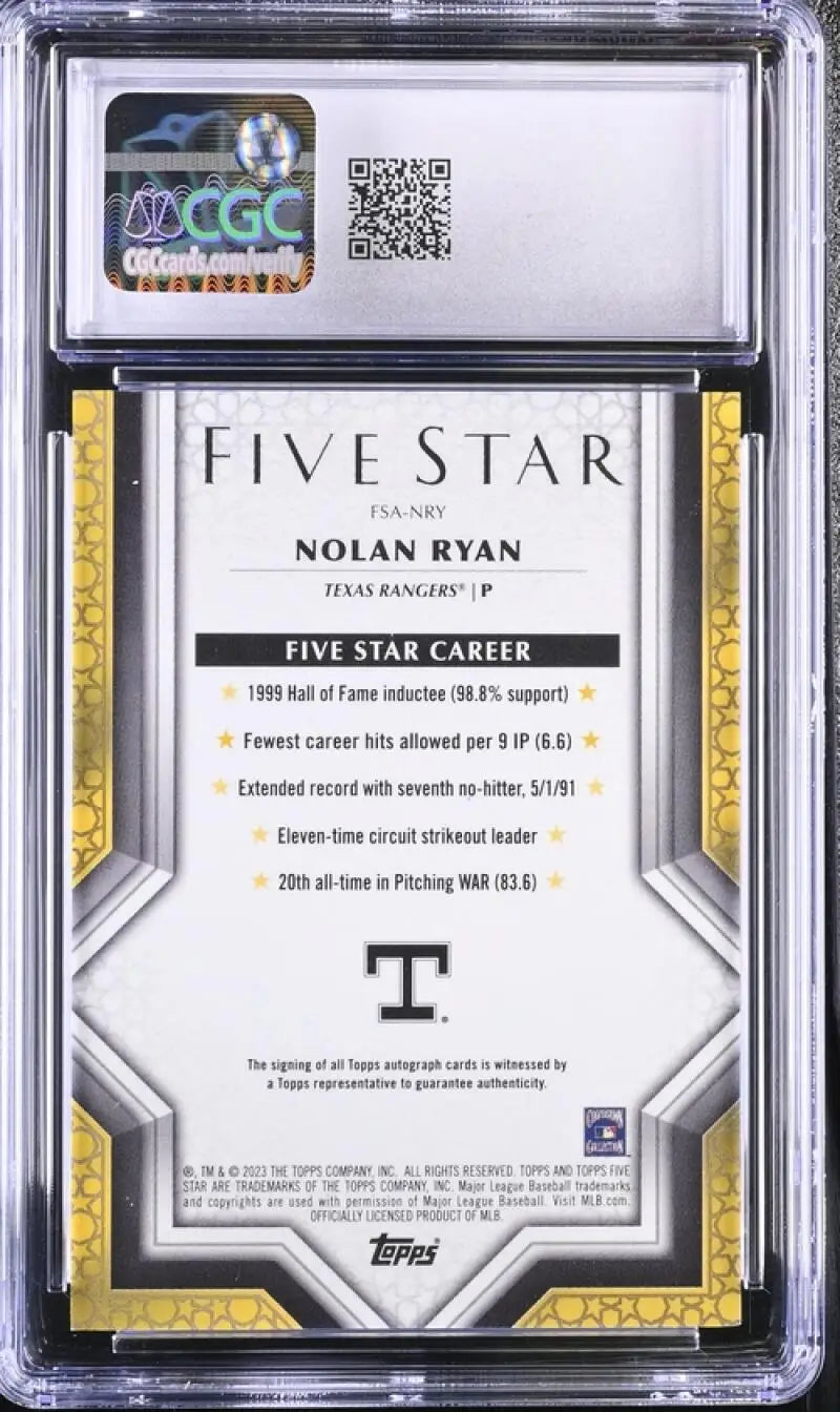 Back of Nolan Ryan Texas Rangers Baseball Card in protective case with authentication