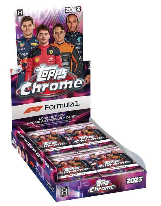 2023 Topps Chrome Formula 1 trading cards display box featuring refractor parallels