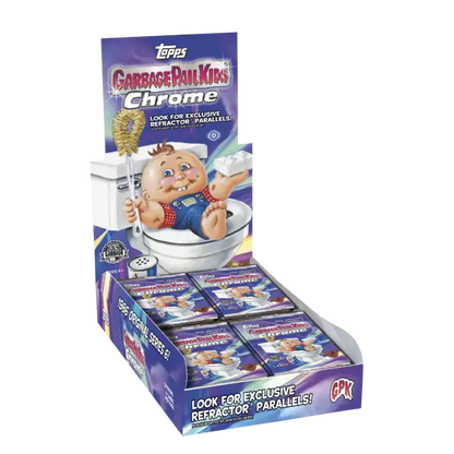 Display box for Garbage Pail Kids Chrome featuring cartoon character on toilet