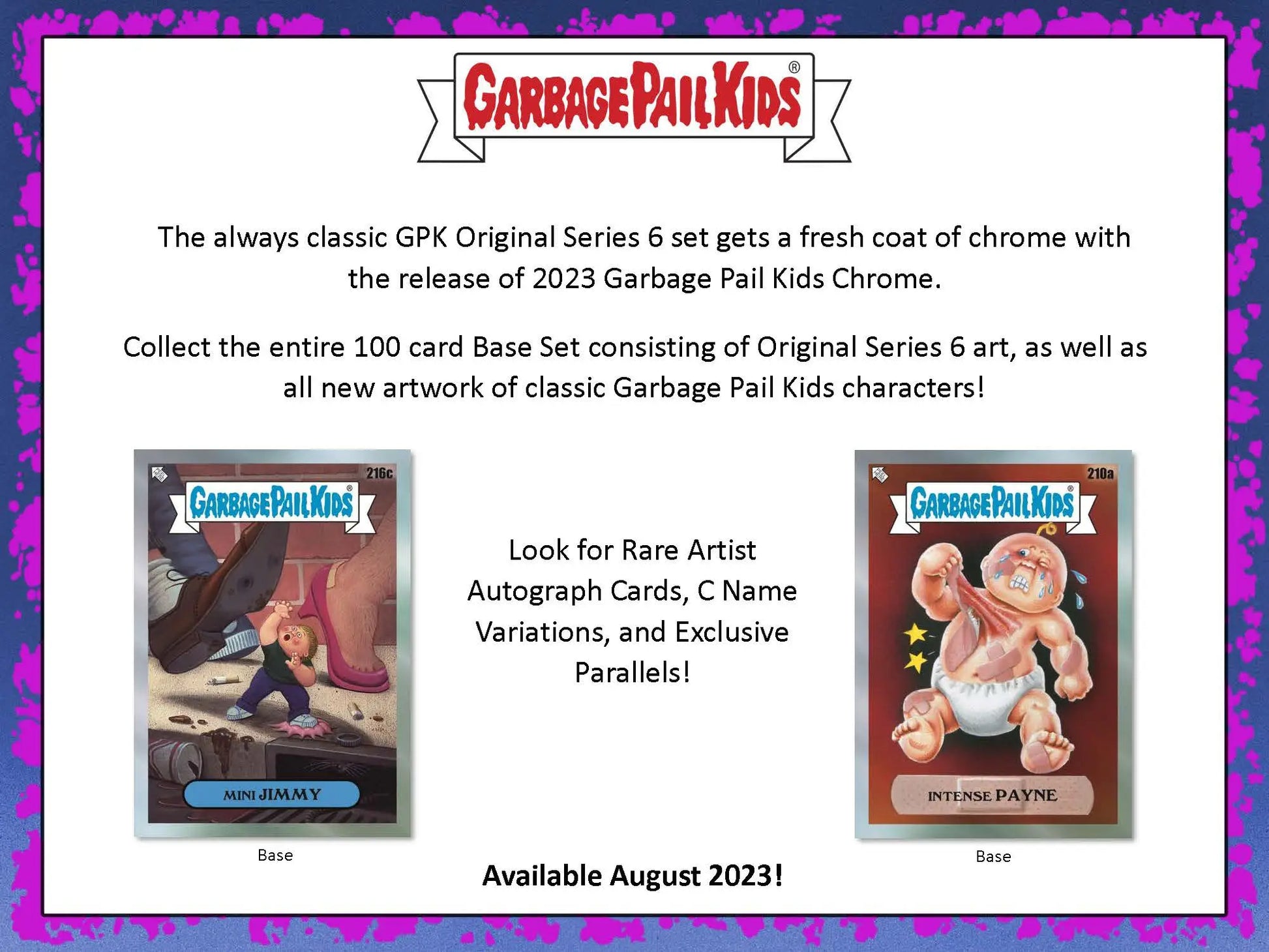 Advertisement for 2023 Topps Garbage Pail Kids Chrome trading cards with original series characters