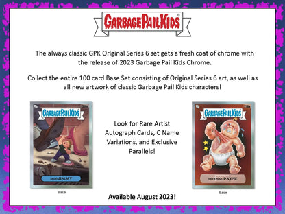 Advertisement for 2023 Topps Garbage Pail Kids Chrome trading cards with original series characters