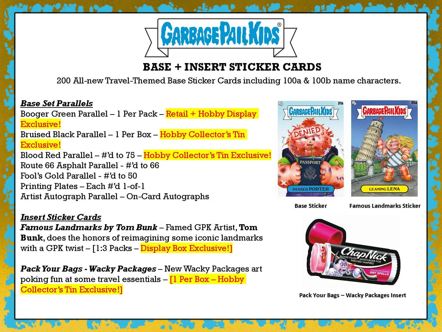 Product information sheet for Garbage Pail Kids in 2023 Topps Collector’s Box