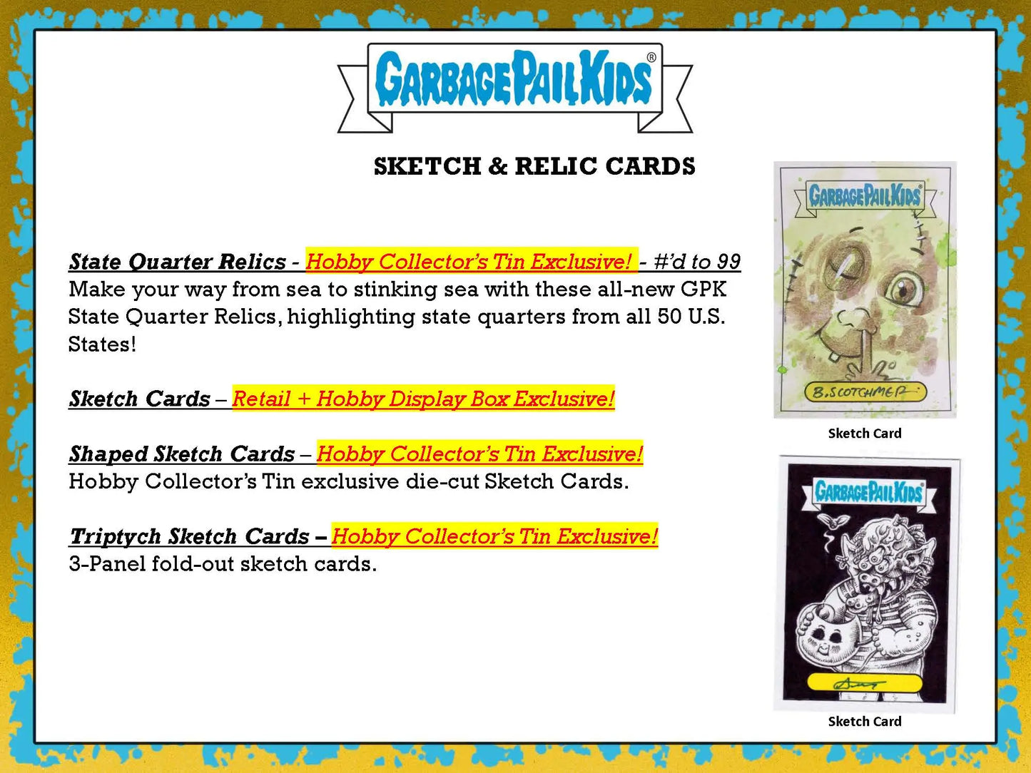 Information sheet on Garbage Pail Kids collectible cards in a collectors box