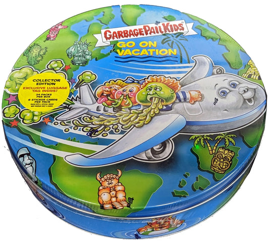 Circular tin container featuring Garbage Pail Kids Go on Vacation artwork for collectors box