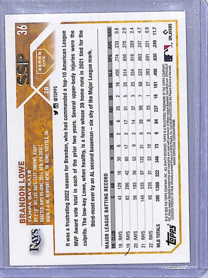 Baseball trading card back displaying statistics for Tampa Bay Rays Brandon Lowe