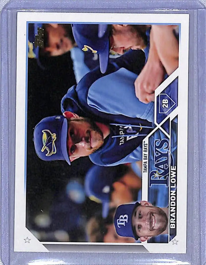 Baseball card of Tampa Bay Rays player Brandon Lowe in blue uniform