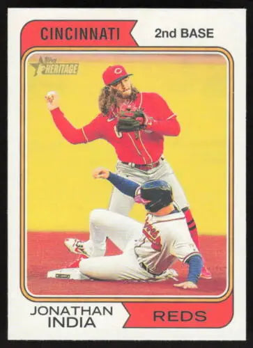 Baseball card of Jonathan India from Topps Heritage making a defensive play at second base