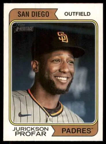 Baseball card of Jurickson Profar in original gloss, 2023 Topps Heritage Padres uniform