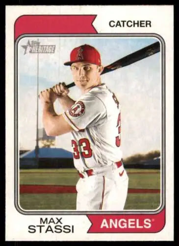 Max Stassi 2023 Topps Heritage baseball card, Angels catcher in white uniform