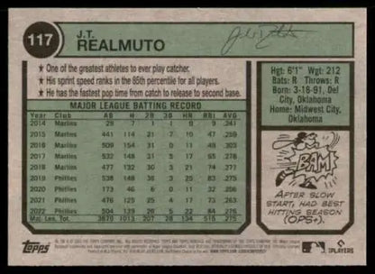 J.T. Realmuto’s MLB batting stats on 2023 Topps Heritage baseball card with original gloss