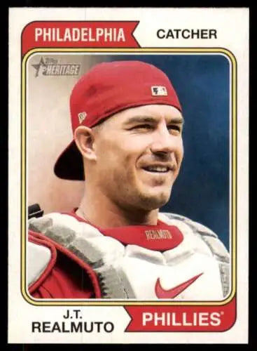 Baseball trading card of J.T. Realmuto in red cap from Topps Heritage series