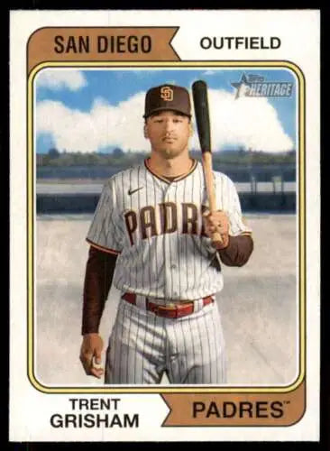 2023 Topps Heritage #137 Trent Grisham baseball card in Padres pinstripe uniform