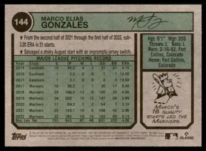 2023 Topps Heritage #144 Marco Gonzales baseball card with original gloss and NM condition