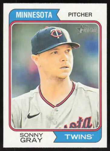 Baseball card of Sonny Gray in gray road uniform, original gloss Topps Heritage collectible