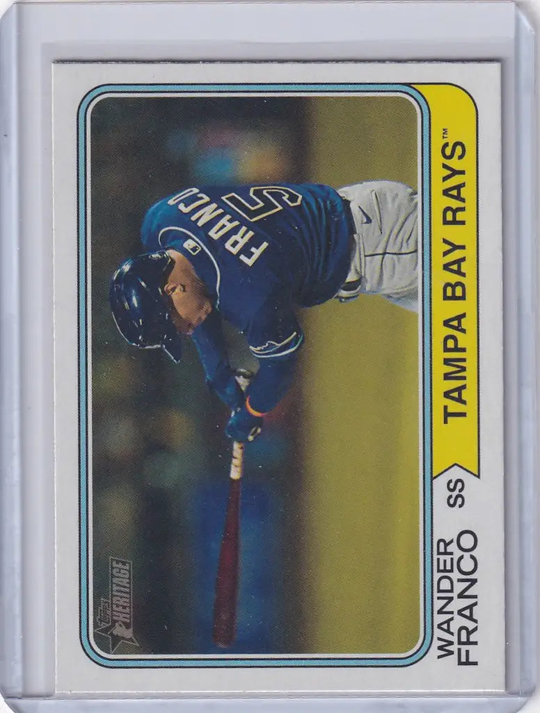 Baseball trading card of Wander Franco Tampa Bay Rays player in mid-swing action