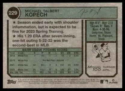 Baseball card back of 2023 Topps Heritage #229 Michael Kopech with original gloss