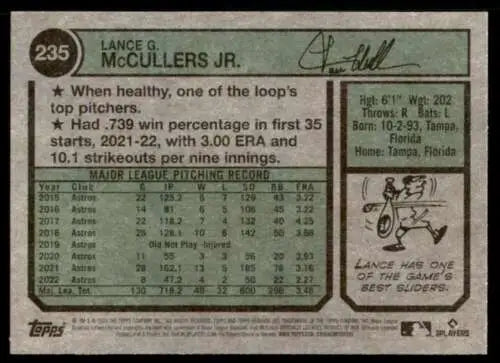 Baseball card back showcasing 2023 Topps Heritage Lance McCullers with original gloss