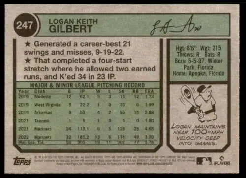 Back of 2023 Topps Heritage #247 Logan Gilbert baseball card showcasing original gloss