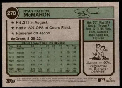 Back of 2023 Topps Heritage #278 Ryan McMahon baseball card featuring original gloss