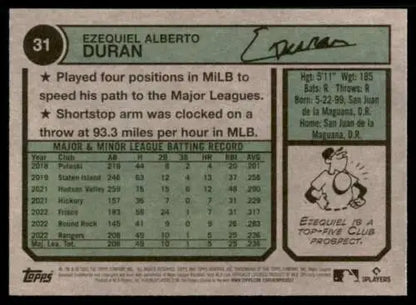 Baseball card back of 2023 Topps Heritage #31 Ezequiel Duran NM Near Mint RC Rookie