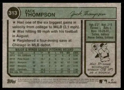 Baseball card back of 2023 Topps Heritage #313 Zack Thompson with original gloss finish