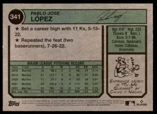 Back of 2023 Topps Heritage #341 Pablo Lopez baseball card showing original gloss details