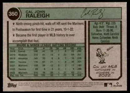 Baseball card back of 2023 Topps Heritage #350 Cal Raleigh NM Mariners with original gloss