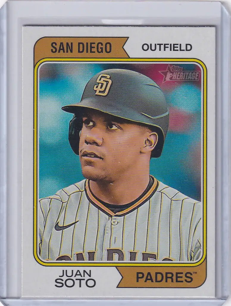 Baseball card of Juan Soto San Diego Padres outfielder in pinstriped uniform