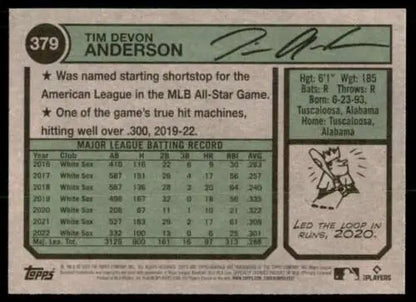 Back of 2023 Topps Heritage #379 Tim Anderson baseball card with original gloss detail