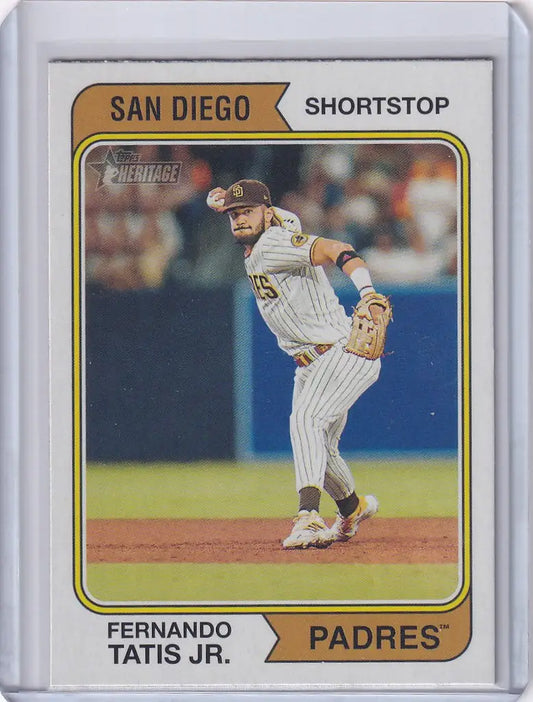 Baseball card of Tatis Jr San mid-throw for San Diego Padres Topps Heritage collection