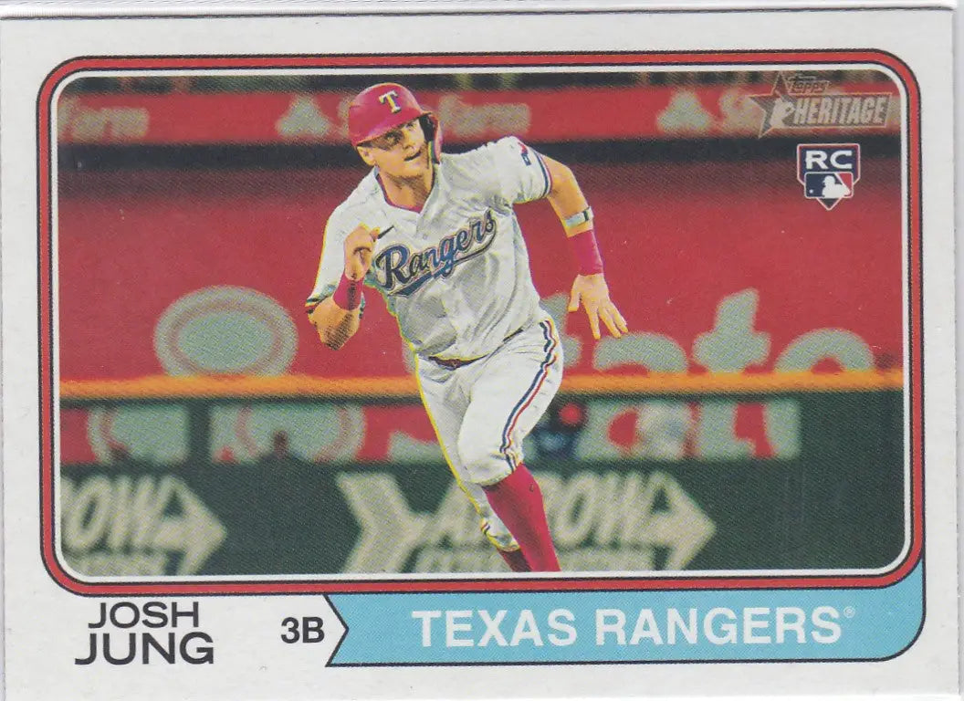 Baseball card of Josh Jung RC Texas in a white uniform running on field Topps Heritage