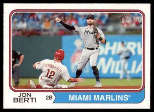 Baseball card of Jon Berti turning a double play from 2023 Topps Heritage with original gloss