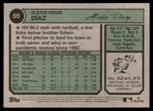 Baseball card of Alexis Diaz with statistics from 2023 Topps Heritage series