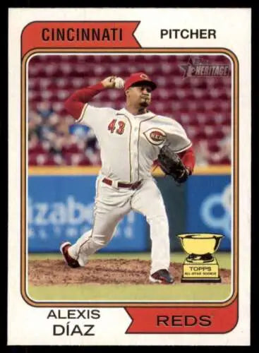 Baseball card of Alexis Diaz in mid-throw wearing Reds uniform #43 Topps Heritage