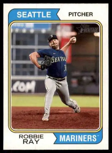 Baseball card featuring Robbie Ray in navy uniform from 2023 Topps Heritage series