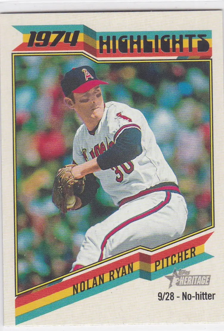 Baseball card of Nolan Ryan throwing a pitch for the Angels in Topps Heritage design