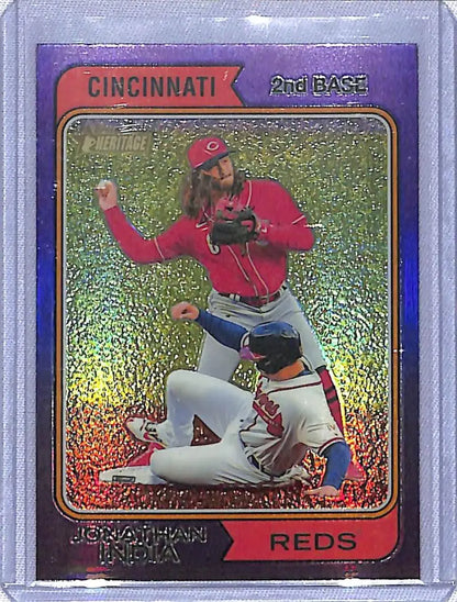 Holographic Cincinnati Reds baseball card of Jonathan India fielding at second base