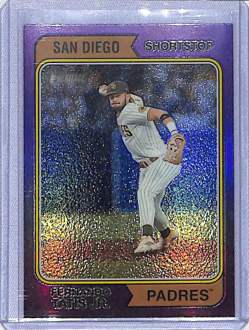 Holographic San Diego Padres baseball card of Fernando Tatis Jr. in mid-throw