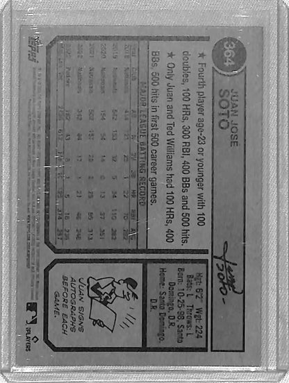 Baseball card featuring Juan Soto statistics in Topps Heritage Purple design