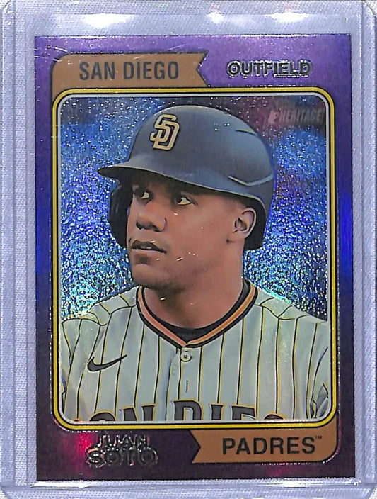 San Diego Padres Juan Soto Topps Heritage Purple baseball card with holographic finish