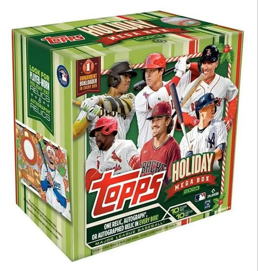 2023 Topps Holiday Baseball Mega Box with MLB players in festive metallic holiday packaging