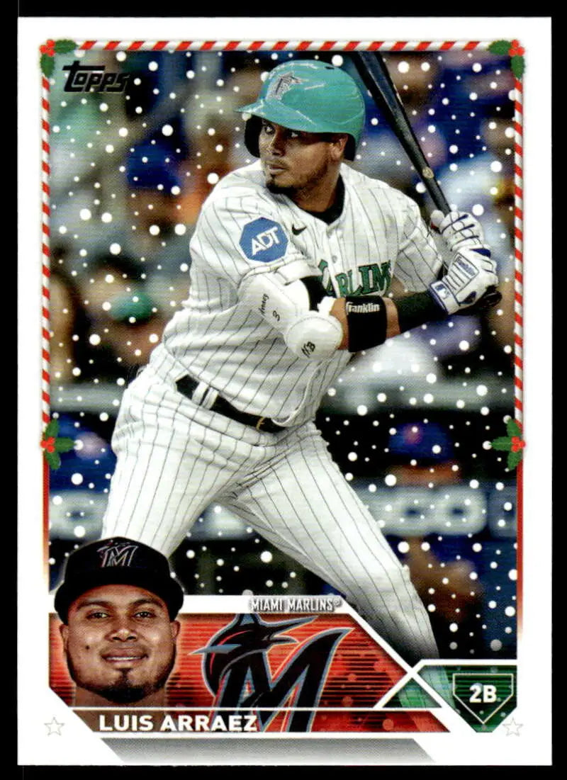 Baseball card of Luis Arraez in Miami Marlins pinstriped uniform at bat