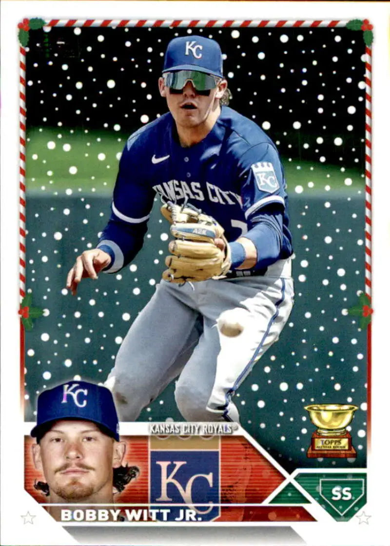 Bobby Witt Jr. fielding in sunglasses on 2023 Topps Holiday Kansas City Royals card