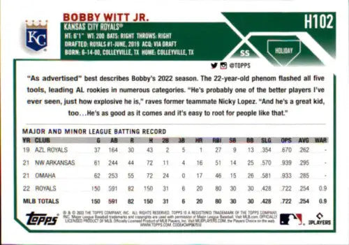 2023 Topps Holiday H102 Bobby Witt Jr. baseball card in original gloss, Near Mint condition